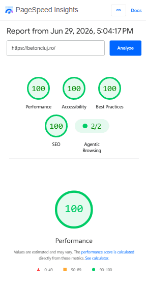 Raport PageSpeed Insights pentru site-ul nou betoncluj.ro, cu scor de 100 la performanță, accesibilitate, best practices și SEO
