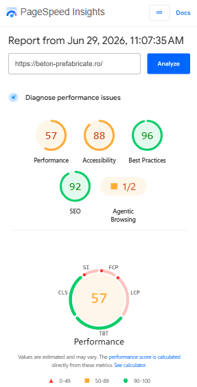 Raport PageSpeed Insights pentru site-ul vechi beton-prefabricate.ro, cu scor de performanță 57